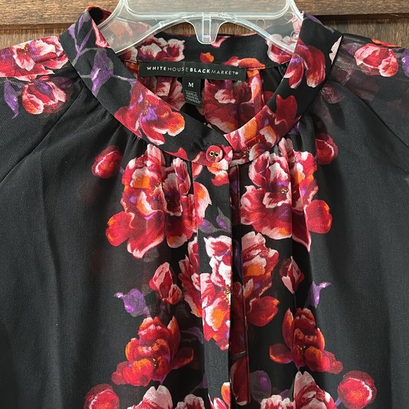 WHBM Blouse Top Sheer Black Red Floral Long Sleeve Work Office  sz M - Picture 2 of 12